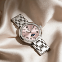 Montre de luxe pour femme Guihua, cadran rose, lunette entièrement sertie de diamants, fonction date, bracelet en acier inoxydable, montre élégante pour robe