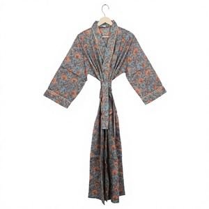Bata Larga de Algodón y Fibra de Bambú con Estampado Floral para Mujer, Ropa de Dormir Informal con Cuello Camisero, Estilo Jaipuri Artesanal - Product Image 1