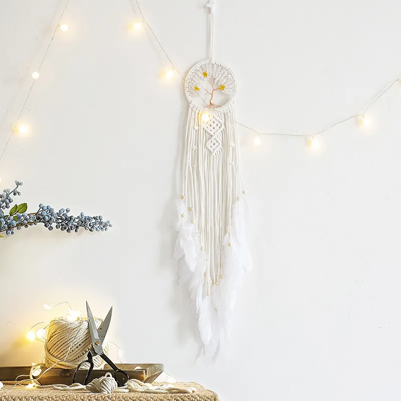 Scandinavian Decor Handmade Macrame Wall Hanging Tapestry Crystal Dream Feather Catcher White Tree Of Life Home Products