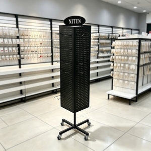 4-sided <b>Rotating</b> Floor <b>Display</b> <b>Stand</b> with Wheels Pegboard & Hooks for Jewelry Necklaces Earrings Metal Spinning Rack - Product Image 1