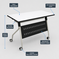 Table de réunion pliante pour bureau 1200x600x750mm avec plateau blanc, panneau de modestie et roulettes verrouillables – Idéale pour les projets de bureau