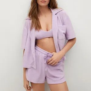 Women Lilac Towel Cotton Shirt and Shorts Set without Bra 2pcs Outfits