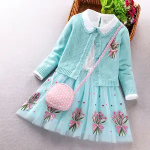 Abbigliamento per bambini ragazze cadono nuovo stile ragazza Cardigan lavorato a maglia gonna maglione Set di due pezzi set di vestiti maglione ricamo ragazze