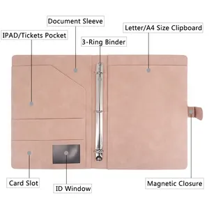Folder dokumen portofolio Padfolio A4 merah muda multi-saku Folder konferensi kulit A4 dengan Binder cincin
