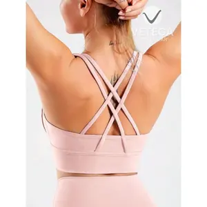 Vetega Women's High Support <b>Sports</b> <b>Bra</b> with Crisscross Back Straps, Removable Padded Wireless Crop Top in Rosa Pink - Product Image 3