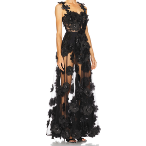 <span class=keywords><strong>Abito</strong></span> Lungo da Sera in <span class=keywords><strong>Tulle</strong></span> <span class=keywords><strong>Nero</strong></span> con Paillettes Floreali 3D e Spalline Trasparenti - Fornitore Verificato dal Guangdong, Cina - Product Image 2