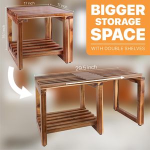 Yipinshun Wooden <b>Bathroom</b> <b>Stool</b> 17x11x15.1 Inch Foldable With Double Shelves For Storage And Shower Use - Product Image 1