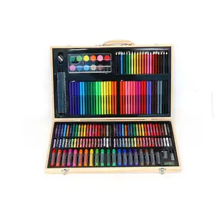 Grosir kotak pensil seni kerajinan-Luoshan 180 Buah Set Seni Lukis, Set Kotak Kayu Menggambar Anak-anak Dewasa Diy Populer untuk Hadiah Alat Tulis Anak-anak