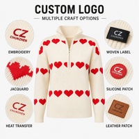 OEM Dames Aprikoskleurige Hartpatroon V-hals Kwartrits Geribbelde Breiwerk Trui Koreaanse Loose Fit Valentijnsdag Casual Pullover
