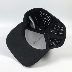 OEM 100% di vendita calda in poliestere strutturato di colore solido nero Design personalizzato con logo <span class=keywords><strong>PV</strong></span> taglio Laser 5 fori pannello cappellino da Baseball - Product Image 6