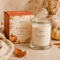 Arovi - Vela Aromática de Calabaza y Chai para Otoño, 380g, Cera de Soya Natural, Vela en Frasco de Vidrio con Tapa de Vidrio, Caja de Regalo Personalizada