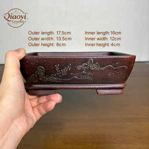 Piccolo Vaso Rettangolare per Bonsai in Ceramica <span class=keywords><strong>Viola</strong></span>, Vaso per Fiori Intagliato e Dipinto a Mano con Motivi Raffinati, Stile Vintage per <span class=keywords><strong>Giardino</strong></span> - Product Image 2