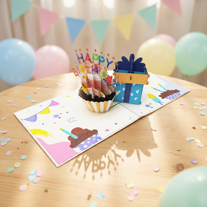 การ์ดป๊อปอัพแฮนด์เมดลายคัพเค้กและกล่องของขวัญวันเกิดและวันแม่ งานฝีมือกระดาษเวียดนาม ตัดด้วยเลเซอร์ สีตามสั่ง - Product Image 3