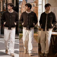 Veste universitaire en laine Melton personnalisée pour homme, marron foncé, rayures crème, col côtelé, boutons-pression, style Letterman, manteau de baseball universitaire, OEM