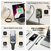 Cable USB Tipo C a Tipo C, Carga Rápida 240W 5A, Cable Trenzado de Nailon Personalizado de Fábrica, 1m 2m 3m, Cable USB-C a USB-C, 3 pies 6 pies 10 pies