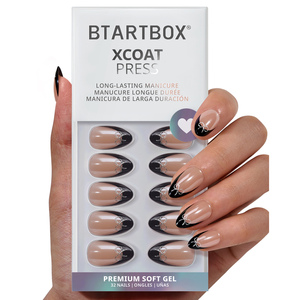 Lot de faux ongles courts en amande de haute qualité, en gel souple, avec pointe française noire vernie, à presser, vente en gros - Product Image 1