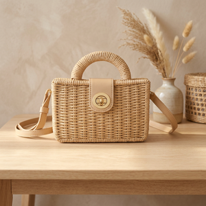 Bolso de Ratán Hecho a Mano para Mujer con Tapa de Solapa - Modelo Casual y Duradero Tipo Caja 17x23 Cm CNT1033-1089 camel - Product Image 3