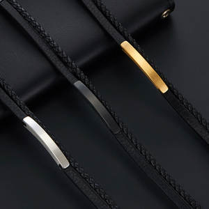 Bracelet pour homme en acier inoxydable 316L personnalisé, gravé, plaqué or 14k 18k, bracelet en cuir tressé multi-couches tendance pour homme - Product Image 4