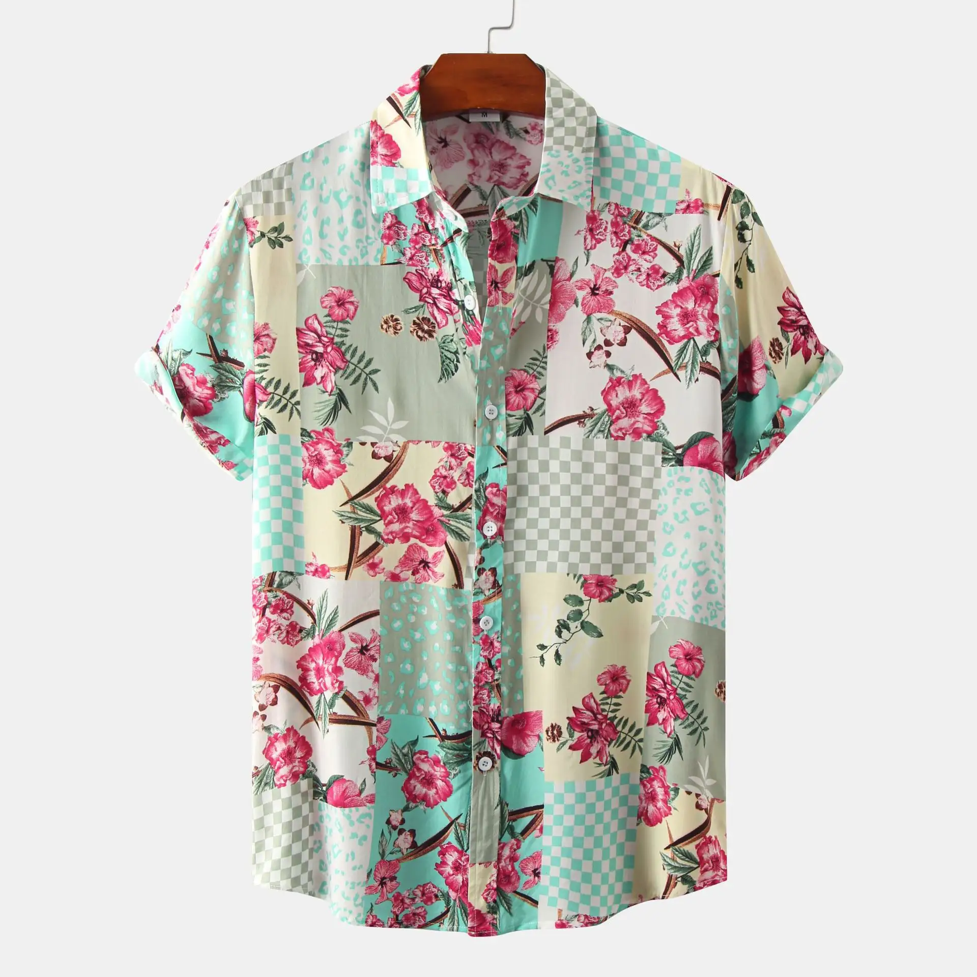 Men Floral Short Sleeve Shirt Slim Lapel Short Sleeve Shirt Top Hawaiian Printed White Pink Korean Casual Holiday Shirt