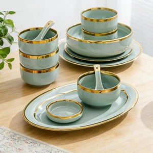 Gold Green Ceramic Bowl Plate <b>Dinnerware</b> <b>Set</b> Lightweight Luxurious Gold Edged Reusable Customized Color Creative - Product Image 4