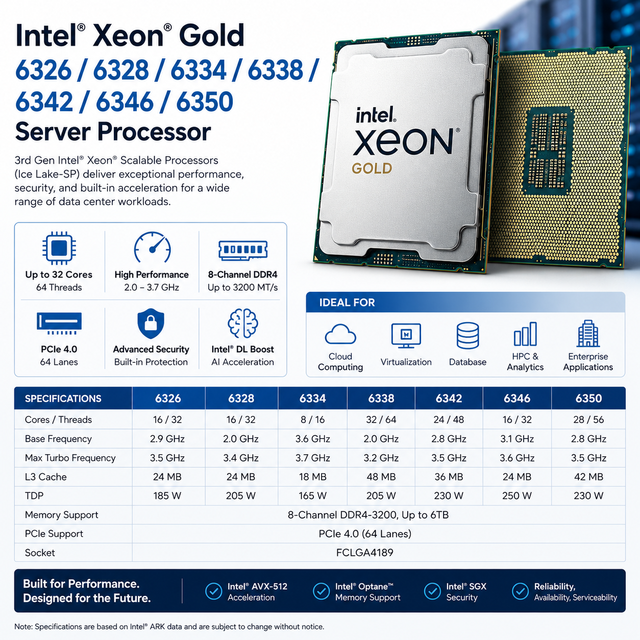 Intel Xeon Gold 6326 6328 6334 6338 6342 6346 6350 Server Processor CPU Ice Lake-SP Enterprise Data Center CPU