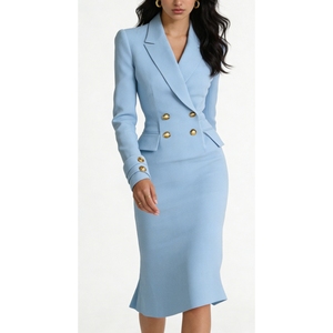 Women's Double-Breasted Blazer Dress - <strong>Gold</strong> Button Midi Sheath Womens <strong>Clothes</strong> Dresses Sehe Fashion - Product Image 3