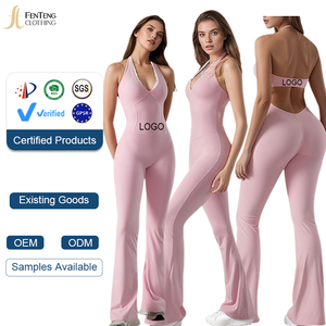 Maßgeschneiderter Under Lulu Bestseller: Einteiliger Yoga-Anzug mit V-Ausschnitt und Spitze, Rückenbetonender, Eng Anliegender und Schnell Trocknender Sport-<span class=keywords><strong>Jumpsuit</strong></span> mit Schlaghose - Product Image 1