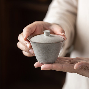 Guanlan Coarse Pottery Gaiwan <b>Teacup</b> Grey Glaze With Lid Kung Fu Tea Set Handmade Ceramic Bowl For Afternoon Tea - Product Image 1