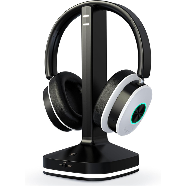 Wireless TV Headphones with Charging Dock, BT5.4 Low Latency 40ms, Optical AUX RCA, Over Ear Headphones for Seniors