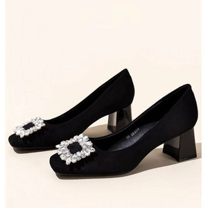 2025 printemps automne noir daim banlieue talons hauts pour femmes professionnel chaussures simples diamant bouche peu profonde bout carré nouveau - Product Image 5