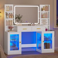 Table de maquillage moderne minimaliste avec miroir éclairé, tiroirs en verre MDF et prise électrique