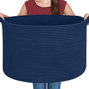 Dark Blue <b>Basket</b> for Organizing 22" X 14" Extra <b>Large</b> Woven Cotton Rope Laundry <b>Basket</b>, Blanket <b>Storage</b> for Living Room Bedroom - Product Image 1