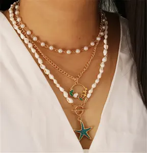 Kalung Berlapis Emas untuk Wanita, Perhiasan Kerang Laut Liontin Bintang Laut Multi Lapisan