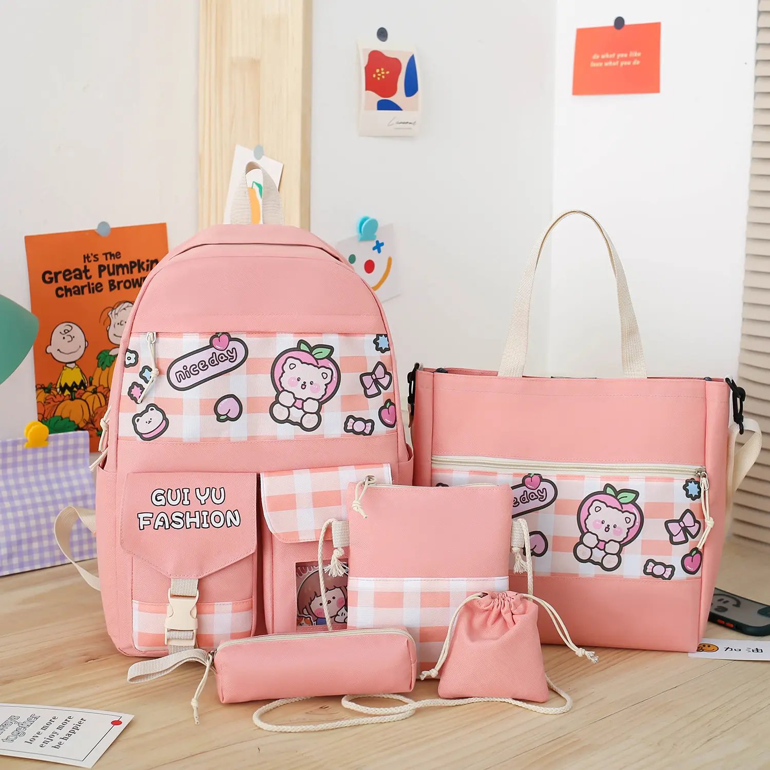 Customized Hot Sale Backpack girl junior high school student schoolbag Korean style bag five sets of large capacity bag set