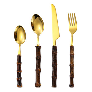 Juego de cubiertos de acero inoxidable de 24 piezas con mango de bambú, cubiertos dorados para mesa, vajilla para el hogar, hotel, juego de regalo. - Product Image 5