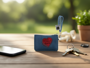 Portamonete a forma di cuore in denim blu con cerniera e cinturino da polso, mini formato unisex - Product Image 2