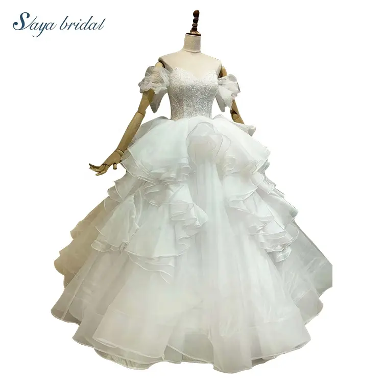 polyester 100% lace fabric white sleeveless off-shoulder tiered ruched floor length ball gowns bridal wedding dress