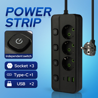 Multiprise standard européenne avec interrupteurs indépendants, 3 prises, 2 USB, 1 port Type-C, cordon d'extension certifié CE