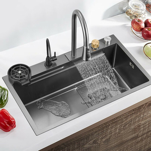 Robinet de cuisine moderne en acier inoxydable à poignée unique, mitigeur chaud/froid avec douchette extractible et cartouche céramique, à poser sur plan - Product Image 1