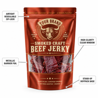 Sachet Doypack Personnalisé avec Logo pour Bœuf Séché, Fermeture Zip Refermable, Fenêtre Transparente, Qualité Alimentaire, en Film Mylar, pour Viande Séchée, Vente en Gros