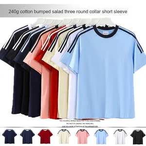 Áo thun nam tay ngắn chất liệu cotton nguyên chất 100% nặng 32-Count 240G mới 100% họa tiết màu trơn ba sọc tương phản kéo - Product Image 3