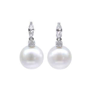 Orecchini Pendenti con Perle Akoya in Oro Bianco e Argento 925, Perle Coltivate AAA Rotonde, Gioielli Classici da Sposa per Donna - Product Image 1