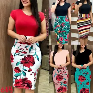 Plus Size S-5XL Bloemenprint Korte Mouwen O-hals Bodycon Jurk 2022 Zomer Vrouwen Sexy Pakket Hip Patchwork Potlood Jurk Vestido