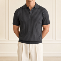 Polo en maille côtelée anthracite pour homme, col rabattu, patte de boutonnage, manches courtes, coupe ajustée, fabrication OEM/ODM sur mesure, vente en gros
