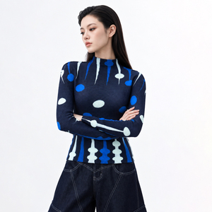 เสื้อยืดพลีท Miyake ทรงเข้ารูป คอตั้ง แขนยาว พิมพ์ลาย  สามารถปรับแต่งลายได้ เสื้อผู้หญิง - Product Image 5