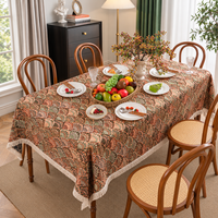 Nappe vintage ethnique à motifs floraux jacquard, beige, avec franges à pompons, en mélange coton et polyester, pour la décoration de la salle à manger à la maison