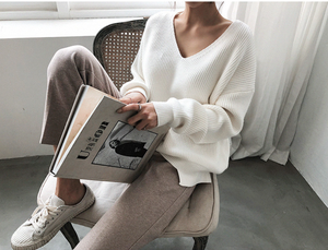 Maglione invernale a manica lunga caldo bianco da donna <span class=keywords><strong>Oversize</strong></span> scollo a V lavorato a <span class=keywords><strong>maglia</strong></span> - Product Image 6