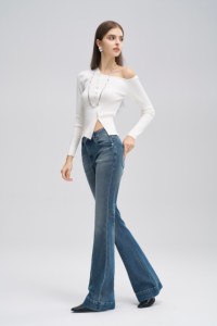 Jeans Estivi da Donna in Denim Elasticizzato <span class=keywords><strong>a</strong></span> <span class=keywords><strong>Vita</strong></span> <span class=keywords><strong>Bassa</strong></span>, Modello Dritto, Tinta Unita - Product Image 2