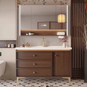Meuble de salle de bain moderne du milieu du siècle en noyer, armoire en bois massif avec miroir LED et lavabo intégré en céramique - Product Image 1