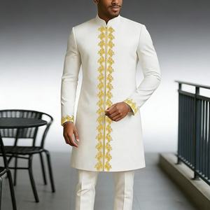 Ensemble de prière islamique pour hommes 2025, tenue tendance en 2 pièces, chemise et pantalon Dashiki uni, taille plus, vêtements ethniques pour musulmans - Product Image 2